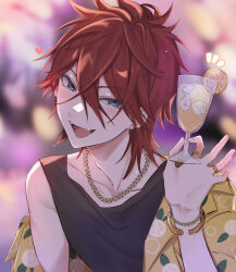 Rule 34 | 1boy, absurdres, amagi rinne, black tank top, blue eyes, chain, chain necklace, cocktail glass, cup, drinking glass, ensemble stars!, head tilt, highres, holding, holding cup, jacket, jewelry, looking at viewer, male focus, necklace, open mouth, red hair, shirt partially removed, smile, solo, sushi 171, tank top, teeth, yellow jacket
