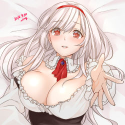 Rule 34 | 1girl, 2016, anna (sennen sensou aigis), ascot, blush, breasts, cleavage, dated, detached collar, hairband, large breasts, long hair, lowres, miniru, on bed, outstretched arm, parted lips, reaching, red eyes, sennen sensou aigis, solo, upper body, white hair