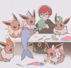 Rule 34 | 1girl, :o, animated, black-framed eyewear, creatures (company), cutting, eevee, fake tail, game freak, gen 1 pokemon, glasses, half-closed eyes, holding, holding paper, holding scissors, hood, hoodie, long sleeves, mikripkm, multicolored hair, nintendo, paper, pen, penny (pokemon), pokemon, pokemon (creature), pokemon sv, red hair, round eyewear, scissors, table, tagme, tail, tape, two-tone hair, video