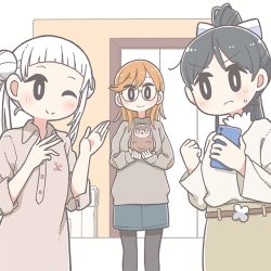 Rule 34 | 3girls, animal, arashi chisato, belt, bird, black hair, blush, bow, brown belt, brown shirt, brown skirt, brown sweater, cellphone, clenched hand, collared shirt, double bun, east sha2, frown, glasses, hair behind ear, hair bow, hair bun, hazuki ren, holding, holding animal, holding bird, holding phone, looking at viewer, love live!, love live! superstar!!, manmaru (love live!), medium hair, multiple girls, official art, one eye closed, open hands, owl, phone, ponytail, shibuya kanon, shirt, skirt, smartphone, smile, sweater, sweater tucked in, twintails, v-shaped eyebrows, white bow