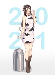 Rule 34 | 1girl, 2021, animal ears, animal print, bell, black hair, boots, brown footwear, cow ears, cow girl, cow horns, cow print, cowbell, cup, drinking glass, glasses, gradient background, green eyes, hair between eyes, highres, holding, holding cup, horns, kantai collection, long hair, milk, ooyodo (kancolle), open mouth, solo, white background, yuuji (and)
