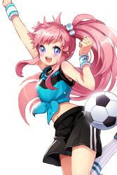 Rule 34 | 1girl, :d, arm up, ball, black shorts, hair ornament, highres, kneehighs, long hair, midriff, open mouth, pink hair, ponytail, purple eyes, shirt, shorts, smile, soccer ball, soccer spirits, socks, solo, standing, susie (soccer spirits), sweat, sweatband, tied shirt, transparent background, white socks, windy4th