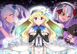 Rule 34 | 4girls, black gloves, black headwear, blonde hair, blue flower, blush, calavera, capelet, closed eyes, closed mouth, daffodil, dress, elbow gloves, fang, flower, gloves, grey hair, hair flower, hair ornament, hat, highres, holding, holding skull, izumi kanagi, izumi kanagi (vampire ver.), long hair, looking at viewer, magia record: mahou shoujo madoka magica gaiden, magical girl, mahou shoujo madoka magica, maid headdress, misono karin, momo tomato, monocle, multiple girls, official alternate costume, open mouth, own hands together, parted bangs, purple eyes, purple hair, red eyes, short hair, skull, smile, thighhighs, togame momoko, togame momoko (sister ver.), torn clothes, torn dress, two side up, white capelet, white dress, white flower, white hair, witch hat, yakumo mitama