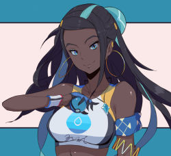 Rule 34 | 1girl, armband, armlet, bare shoulders, black hair, blue background, blue eyes, blue eyeshadow, blue gloves, blue hair, breasts, closed mouth, clothes writing, collarbone, creatures (company), dark-skinned female, dark skin, dive ball, earclip, earrings, eyeshadow, female focus, forehead, game freak, gloves, hair ornament, hairclip, half gloves, happy, holding, holding poke ball, hoop earrings, jewelry, long hair, looking at viewer, makeup, medium breasts, multicolored hair, necklace, nessa (pokemon), nintendo, pink background, poke ball, pokemon, pokemon swsh, shisha no karada, sidelocks, simple background, smile, solo, split mouth, sports bra, streaked hair, swept bangs, two-tone background, two-tone hair, upper body, very dark skin, wristband