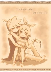 Rule 34 | 1boy, 1girl, arm around neck, bad id, bad pixiv id, barefoot, brother and sister, character name, copyright name, cup, hair ornament, hairband, hairclip, holding, kagamine len, kagamine rin, monochrome, orange theme, ria (rilpoppo), sepia, siblings, sitting, smile, spilling, teacup, twins, vocaloid