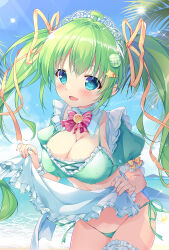 Rule 34 | 1girl, apron, aqua eyes, bikini, blush, bow, breasts, bridal garter, cleavage, clothes lift, day, detached collar, frilled apron, frills, green bikini, green hair, hair bow, hair ornament, hairclip, highres, large breasts, lifting own clothes, long hair, looking at viewer, maid, maid bikini, maid headdress, mikeou, ocean, open mouth, original, outdoors, red ribbon, ribbon, smile, solo, swimsuit, twintails, unconventional maid, very long hair, waist apron, white apron, wrist cuffs