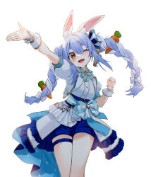 Rule 34 | 1girl, animal ears, arm up, blue hair, blue shorts, bow, braid, commentary, dress, gotou (nekocat), hair between eyes, hand up, highres, hololive, hololive idol uniform (bright), idol, long hair, multicolored bow, multicolored hair, one eye closed, open hand, open mouth, orange eyes, rabbit ears, rabbit girl, short eyebrows, shorts, simple background, smile, solo, symbol-only commentary, thick eyebrows, twin braids, usada pekora, virtual youtuber, white background, white dress, wristband