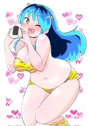 Rule 34 | 1girl, ;d, alien, animal print, bare shoulders, bikini, blue hair, blush, boots, breasts, cleavage, cone horns, corrupted twitter file, cowboy shot, curvy, fang, food, heart, heart background, heart in mouth, highres, holding, holding food, horns, large breasts, looking at viewer, lum, multicolored hair, navel, one eye closed, oni, onigiri, open mouth, plump, pointy ears, simple background, skin fang, skindentation, smile, solo, strapless, striped bikini, striped clothes, swimsuit, thick thighs, thigh boots, thighhighs, thighs, tiger print, toyishiki shizuoka, tube top, urusei yatsura, yellow bikini, yellow footwear