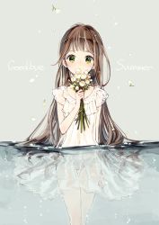 Rule 34 | 1girl, bad id, bad pixiv id, brown hair, dress, flower, gomzi, green eyes, holding, holding flower, in water, long hair, original, see-through, smelling flower, solo, summer