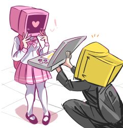 Rule 34 | 1boy, 1girl, absurdres, breasts, crt, handheld game console, highres, nintendo ds, object head, on one knee, original, pantyhose, peargor, photo-referenced, pink neckwear, pink pantyhose, pink skirt, marriage proposal, shirt, simple background, skirt, white background, white shirt