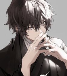 Rule 34 | 1boy, bandaged neck, bandages, black kimono, brown eyes, brown hair, bungou stray dogs, closed mouth, dazai osamu (bungou stray dogs), grey background, hair between eyes, haori, japanese clothes, kimono, looking at viewer, nozz177, own hands together, short hair, smile, solo