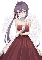 Rule 34 | 1girl, akebono (kancolle), blush, breasts, collarbone, cowboy shot, cup, dress, drinking glass, flower, hair flower, hair ornament, kantai collection, long hair, purple eyes, purple hair, red dress, side ponytail, small breasts, smile, solo, very long hair, white background, wine glass, yamashichi (mtseven)