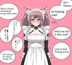 Rule 34 | 1girl, animal ear fluff, animal ears, artist name, atlanta (kancolle), black dress, blush, breasts, brown hair, dated, dress, earrings, english text, gloves, grey eyes, highres, jewelry, kantai collection, large breasts, long hair, long sleeves, pink background, signature, simple background, solo, speech bubble, star (symbol), star earrings, tk8d32, translation request, two side up, upper body, wavy mouth, white gloves