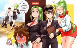 Rule 34 | 1boy, 1girl, airline, blue eyes, blush, boots, bow, bowtie, breasts, brown hair, dress, formal, green eyes, green hair, hat, heart, high heels, kid icarus, kid icarus uprising, large breasts, luggage, nintendo, palutena, pit (kid icarus), scarf, shorts, skirt, soft sizzle, suit, uniform