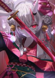 Rule 34 | 1girl, arm up, bell, black kimono, closed mouth, double bun, film grain, grey hair, hair bell, hair bun, hair ornament, highres, holding, holding sword, holding weapon, hololive, horns, japanese clothes, jingle bell, kimono, long hair, looking at viewer, mask, mask on head, multicolored hair, nakiri ayame, nakiri ayame (1st costume), obi, oni mask, red eyes, red hair, roitz ( roitz ), sash, skin-covered horns, solo, streaked hair, sword, tassel, upper body, virtual youtuber, weapon
