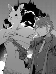 Rule 34 | 2boys, animal ears, beretta 92, buttons, coat, collared shirt, cracking knuckles, double-breasted, explosion, finger on trigger, fur-trimmed coat, fur trim, furry, furry male, gloves, greyscale, gun, hair between eyes, half gloves, handgun, highres, holding, holding gun, holding weapon, holostars, jackal boy, jackal ears, juu (45 jujut), kageyama shien, looking at viewer, male focus, monochrome, multicolored hair, multiple boys, necktie, open clothes, open coat, parted lips, rabbit boy, shirt, short hair, stole, toned, toned male, two-tone hair, upper body, v-shaped eyebrows, vest, virtual youtuber, weapon