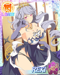 Rule 34 | 1girl, armpits, bare legs, bare shoulders, black panties, braid, breasts, bug, butterfly, cleavage, clothes lift, dress, drill hair, elbow gloves, gloves, insect, jewelry, large breasts, long dress, long hair, looking at viewer, looking to the side, necklace, panties, purple eyes, reki (senran kagura), senran kagura, side braid, sideboob, silver hair, skirt, skirt lift, smile, solo, thighs, thong, tiara, torn clothes, underwear