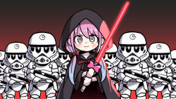 Rule 34 | 1girl, 6+others, candy hair ornament, commentary request, energy sword, food-themed hair ornament, fushicho, gradient background, green eyes, gun, hair ornament, heterochromia, himemori luna, hololive, hood, lightsaber, low twintails, multiple others, parody, pink hair, purple eyes, robe, sith, star wars, stormtrooper, sword, twintails, virtual youtuber, weapon