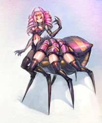 Rule 34 | 1girl, arachne, arthropod girl, black thighhighs, blonde hair, bow (bhp), breasts, claws, closed mouth, commentary, drill hair, elbow gloves, extra eyes, gloves, hand up, highres, horns, insect girl, large breasts, looking at viewer, monster girl, multicolored hair, navel, original, pink eyes, pink hair, purple gloves, smile, solo, spider girl, standing, taur, thighhighs, twin drills, two-tone hair
