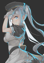 Rule 34 | 1girl, apron, arm up, blue eyes, blush, breasts, closed mouth, commentary request, copyright request, frilled apron, frills, gloves, grey background, grey hat, grey skirt, hand on headwear, hat, highres, large breasts, long hair, peaked cap, puffy short sleeves, puffy sleeves, saraki, shirt, short sleeves, silver hair, simple background, skirt, solo, twintails, very long hair, virtual youtuber, waist apron, white apron, white gloves, white shirt
