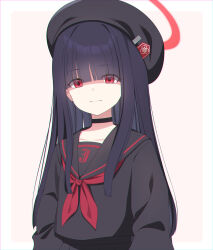 Rule 34 | 1girl, arched bangs, beret, black choker, black hat, black serafuku, blue archive, blue hair, blunt bangs, choker, collarbone, commentary, dark blue hair, eko, eyes visible through hair, halo, hat, highres, justice task force member (blue archive), light smile, long hair, looking at viewer, neckerchief, red eyes, red halo, red neckerchief, school uniform, serafuku, sidelocks, simple background, solo, two-tone background, upper body, very long hair