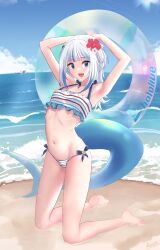 Rule 34 | 1girl, absurdres, arms up, ausseh1, bikini, blue eyes, blue hair, cloud, cloudy sky, english text, fins, fish tail, flower, gawr gura, grey hair, hair flower, hair ornament, highres, hololive, hololive english, innertube, kneeling, looking at viewer, multicolored hair, navel, ocean, open mouth, sand, shark girl, shark tail, sharp teeth, sky, solo, streaked hair, swim ring, swimsuit, tail, teeth, virtual youtuber, waves