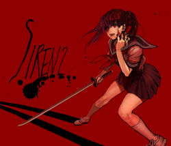 Rule 34 | 1girl, agasang, blood, blood on face, brown hair, copyright name, crazy, crazy eyes, holding, holding sword, holding weapon, katana, kneehighs, neckerchief, open mouth, pleated skirt, red background, red eyes, school uniform, serafuku, shoes, short sleeves, siren (series), siren 2, skirt, sneakers, socks, solo, standing, sword, twintails, weapon, white socks, yagura ichiko