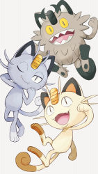 Rule 34 | :d, ;), absurdres, alolan form, alolan meowth, creatures (company), fang, fang out, full body, galarian form, galarian meowth, game freak, gen 1 pokemon, gen 7 pokemon, gen 8 pokemon, highres, looking at viewer, meowth, nintendo, no humans, one eye closed, open mouth, pokemon, pokemon (creature), sharumon, simple background, slit pupils, smile, white background
