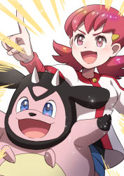 Rule 34 | 1girl, :d, black shirt, blue shorts, blush, buttons, commentary request, creatures (company), emphasis lines, eyelashes, game freak, gen 2 pokemon, hair ornament, hairclip, he72oh, highres, jacket, long hair, miltank, nintendo, open mouth, pink eyes, pink hair, pointing, pokemon, pokemon (creature), pokemon hgss, shirt, shorts, smile, tongue, twintails, white jacket, whitney (pokemon), wristband