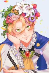 Rule 34 | 1boy, alfred (fire emblem), ascot, blonde hair, blue cape, cape, closed mouth, collar, fire emblem, fire emblem engage, flower, frilled collar, frilled sleeves, frills, green eyes, hair between eyes, hair flower, hair ornament, highres, light smile, looking at viewer, male focus, moretemath, nintendo, short hair, solo, yellow ascot