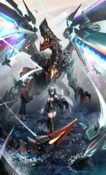 Rule 34 | 1girl, absurdres, aircraft, august von parseval (azur lane), azur lane, bare shoulders, black dress, black footwear, black thighhighs, blue eyes, breasts, cleavage, curled horns, dress, gloves, hair over one eye, highres, horns, large breasts, long hair, looking at viewer, mecha, mechanical horns, microdress, non-humanoid robot, purple hair, robot, robot dragon, thighhighs, very long hair, water, white gloves, xi shui fang, zettai ryouiki