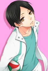 Rule 34 | 10s, 1boy, ball, black hair, haikyuu!!, holding, holding ball, image sample, jacket, kunimi akira, looking at viewer, male focus, open clothes, open jacket, pink background, pixiv sample, rio (rio 01), short hair, solo, volleyball (object)