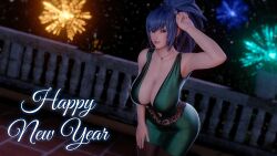 Rule 34 | 1girl, 3d, absurdres, aerial fireworks, bare shoulders, belt, blue eyes, blue hair, blurry, blurry foreground, bouquetman, breasts, collar, fireworks, green pants, happy new year, highres, jewelry, large breasts, leona heidern, new year, pants, ponytail, railing, sleeveless, solo, the king of fighters
