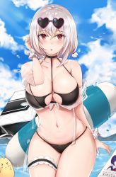 Rule 34 | 1girl, :o, arm at side, azur lane, bare shoulders, bikini, black bikini, blue sky, blush, bottle, breasts, bridal garter, choker, cleavage, cloud, cloudy sky, collarbone, commentary request, contrapposto, cowboy shot, crossed bangs, day, eyewear on head, hair between eyes, halterneck, hand to head, hand up, heart, heart-shaped eyewear, highres, kudakechiru kajou, large breasts, legs together, looking at viewer, navel, o-ring, o-ring top, open mouth, outdoors, red eyes, rigging, scrunchie, see-through, short hair, short twintails, sidelocks, sirius (azur lane), sirius (scorching-hot seirios) (azur lane), sky, solo, standing, sunglasses, swimsuit, thigh gap, thigh strap, twintails, water, water drop, white hair, white scrunchie, wrist scrunchie