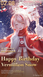 Rule 34 | 1girl, adjusting scarf, aerial fireworks, blurry, blurry background, blurry foreground, branch, card, chinese clothes, closed eyes, commentary, copyright name, dress, english commentary, english text, facing viewer, fingernails, fireworks, flower, happy birthday, highres, holding, holding card, long hair, night, night sky, official art, outdoors, parted lips, red robe, red scarf, robe, scarf, shining nikki, signature, sky, smile, snow, solo, teeth, timestamp, tongue, vermillion snow, white dress, white hair