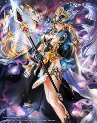 Rule 34 | 1girl, animal, bat (animal), blonde hair, breasts, cleavage, cleavage cutout, clothing cutout, dagger, flying sweatdrops, gauntlets, gem, gloves, guardian cross, hat, holding, holding weapon, holster, jane mere, knife, lance, large breasts, long hair, looking at viewer, official art, original, polearm, red eyes, side slit, square enix, standing, sword, tassel, weapon, white gloves, witch hat