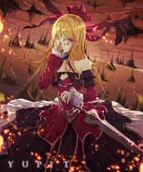 Rule 34 | 1girl, artist name, black dress, blonde hair, breasts, cleavage, commentary request, dress, frills, hair ribbon, highres, holding, holding sword, holding weapon, kim jin (tmxhfl4490), large breasts, long dress, long hair, long sleeves, original, red dress, red eyes, red ribbon, ribbon, sleeveless, sleeveless dress, solo, strapless, strapless dress, sword, weapon