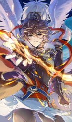 Rule 34 | 2boys, absurdres, ahoge, armor, back-to-back, belt, bishounen, blue belt, breastplate, brown hair, cape, commentary, commentary request, cowboy shot, feathered wings, flaming sword, flaming weapon, floating clothes, gloves, granblue fantasy, highres, holding, holding hands, holding sword, holding weapon, kitsune 0510, light smile, looking at viewer, lucifer (shingeki no bahamut), male focus, multiple boys, outstretched hand, parted lips, red eyes, sandalphon (granblue fantasy), short hair, star (sky), sword, weapon, white cape, white hair, wings