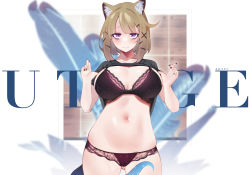 Rule 34 | 1girl, animal ear fluff, animal ears, arknights, artist name, asymmetrical bangs, bags under eyes, black nails, black shirt, blurry, blurry background, blush, bra, breasts, cameltoe, character name, cleavage, closed mouth, clothes lift, commentary, cowboy shot, english commentary, english text, feathers, gluteal fold, hair between eyes, hair ornament, hairclip, highres, kani fish, lace, lace-trimmed bra, lace-trimmed panties, lace trim, large breasts, lifted by self, light brown hair, looking at viewer, midriff, mixed-language commentary, nail polish, navel, panties, parted bangs, purple bra, purple eyes, purple panties, shirt, shirt lift, short hair, solo, t-shirt, tail, tareme, thighs, underwear, utage (arknights), x hair ornament