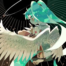 Rule 34 | 1girl, angel wings, aqua eyes, aqua hair, arm tattoo, artist name, black skirt, blush, detached sleeves, finger to mouth, from behind, fukomo, hair ornament, halo, hatsune miku, hatsune miku (nt), highres, long hair, looking at viewer, piapro, see-through, see-through sleeves, shirt, skirt, sleeveless, smile, solo, sparkle, tattoo, twintails, very long hair, vocaloid, white shirt, wings