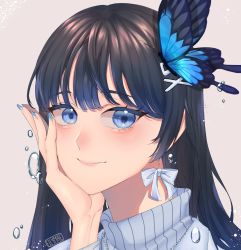 Rule 34 | 1girl, aosai nabi, artist request, black hair, blue eyes, blue nails, blush, bug, butterfly, butterfly hair ornament, closed mouth, earrings, erimei1, grey sweater, hair ornament, hairclip, hand on own face, highres, indie virtual youtuber, insect, jewelry, long hair, looking at viewer, nail polish, portrait, signature, simple background, smile, sweater, virtual youtuber, water drop