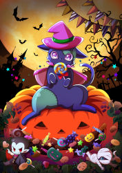 Rule 34 | bare tree, berry, candy, cape, cat, chibi, chocolate chip cookie, cookie, food, halloween, haruka nsn, hat, highres, holding, holding candy, holding food, holding lollipop, jack-o&#039;-lantern, lollipop, moon, mummy, no humans, on pumpkin, original, patchwork skin, pumpkin, purple eyes, string of flags, swirl lollipop, tombstone, tree, vampire, witch hat, wrapped candy