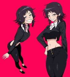 Rule 34 | 1girl, black hair, chainsaw man, collar, crop top, grey eyes, hand on own hip, highres, long sleeves, looking at viewer, mg991998, midriff, mifune fumiko, red background, smile, solo, teeth