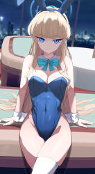 Rule 34 | 1girl, absurdres, bare shoulders, blonde hair, blue archive, blue eyes, blue hairband, blue leotard, bow, bowtie, breasts, cleavage, closed mouth, covered navel, crossed legs, detached collar, hairband, halo, highleg, highleg leotard, highres, leotard, long hair, looking at viewer, medium breasts, mole, mole on breast, mole on crotch, night, night sky, playboy bunny, ryeon (bluetom1), sitting, skindentation, sky, smile, solo, thighhighs, thighs, toki (blue archive), toki (bunny) (blue archive), very long hair, white thighhighs, window, wrist cuffs