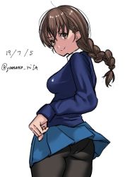 Rule 34 | 1girl, ass, black pantyhose, blouse, blue skirt, blue sweater, braid, braided ponytail, brown eyes, brown hair, closed mouth, commentary, cowboy shot, dated, from behind, girls und panzer, hair ornament, hairclip, long hair, looking at viewer, looking back, miniskirt, one-hour drawing challenge, panties, panties under pantyhose, pantyhose, pleated skirt, rukuriri (girls und panzer), school uniform, shirt, simple background, single braid, skirt, smile, solo, st. gloriana&#039;s school uniform, standing, sweater, twitter username, underwear, white background, white shirt, yamano rita