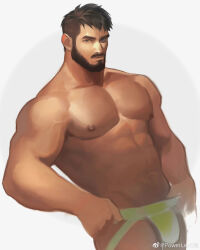 Rule 34 | 1boy, absurdres, bara, beard, black hair, bulge, dark-skinned male, dark skin, facial hair, feet out of frame, green male underwear, highres, jockstrap, large pectorals, looking at viewer, male focus, male underwear, male underwear pull, muscular, muscular male, nipples, original, pectorals, powerlesssong, pulling own clothes, short hair, solo, stomach, thick eyebrows, topless male, underwear, underwear only, unfinished