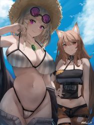 Rule 34 | 2girls, absurdres, animal ears, arknights, bare arms, bare shoulders, bikini, blue sky, blush, breasts, brown hair, ceobe (arknights), ceobe (summer flowers) (arknights), cloud, commentary request, cowboy shot, day, dog girl, eyewear on head, grey bikini, groin, hat, highleg, highleg bikini, highres, huge filesize, jewelry, large breasts, long hair, looking at viewer, multiple girls, navel, nvl, official alternate costume, pendant, purple-tinted eyewear, purple eyes, red eyes, round eyewear, short hair, silver hair, sky, standing, stomach, striped bikini, striped clothes, sun hat, sunglasses, swimsuit, swimsuit cover-up, tinted eyewear, utage (arknights), utage (summer flowers) (arknights), vertical-striped bikini, vertical-striped clothes, very long hair