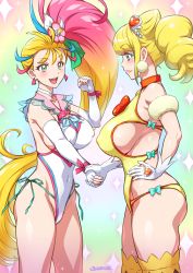Rule 34 | 2girls, :d, ass, bare shoulders, blonde hair, blush, breasts, clenched hand, cone hair bun, covered erect nipples, covered navel, cure sparkle, cure summer, earrings, elbow gloves, fingerless gloves, gloves, green eyes, hair bun, hand on own hip, handshake, healin&#039; good precure, highres, hiramitsu hinata, jewelry, joy ride, leotard, long hair, multiple girls, natsuumi manatsu, open mouth, pink hair, precure, side ponytail, smile, tears, thighhighs, tropical-rouge! precure, very long hair, white gloves