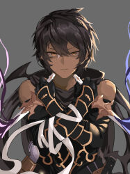 Rule 34 | 1boy, absurdres, axescr, bandages, black gloves, black hair, black scarf, crossed arms, dark-skinned male, dark skin, dual wielding, elbow gloves, gloves, granblue fantasy, grey background, highres, holding, holding knife, jamil (granblue fantasy), knife, looking at viewer, male focus, scar, scarf, serious, short hair, sidelighting, sleeveless, solo, upper body, yellow eyes