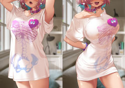 Rule 34 | 1girl, absurdres, bare shoulders, bedroom, blue hair, blush, bracelet, breasts, bsue, collar, collarbone, earrings, fang, head out of frame, heart, heart-shaped lock, heart collar, heart on chest, highres, idolmaster, idolmaster cinderella girls, indoors, jewelry, large breasts, meme, multicolored hair, off-shoulder shirt, off shoulder, open mouth, pajamas challenge, pill earrings, pink collar, pink hair, shirt, short hair, short sleeves, skeleton print, smile, solo, standing, t-shirt, two-tone hair, white shirt, yumemi riamu